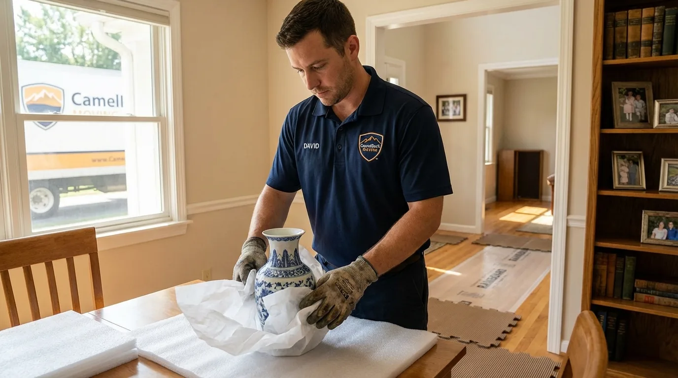 Professional crew carefully wrapping antique vase for senior downsizing move in Olive Hill, KY